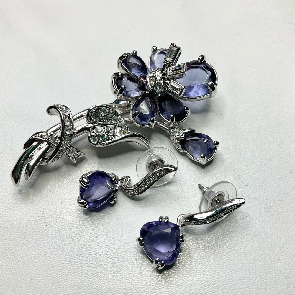 Nolan Miller Set Purple Clear Stones High End Costume Brooch + Earrings